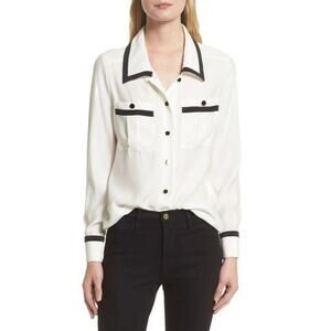 New Frame Black Piped Double Pocket White Silk Shirt XS